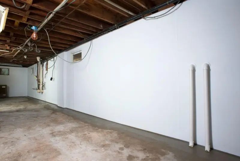 Empty unfinished basement with exposed beams, concrete floor, and white walls, including two pipes along the right side