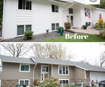 Before-and-after exterior house renovation: white siding changed to gray with new roof and porch.