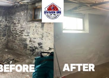 Before-and-after of a basement wall repair, with exposed stone on the left and smooth finished walls on the right.