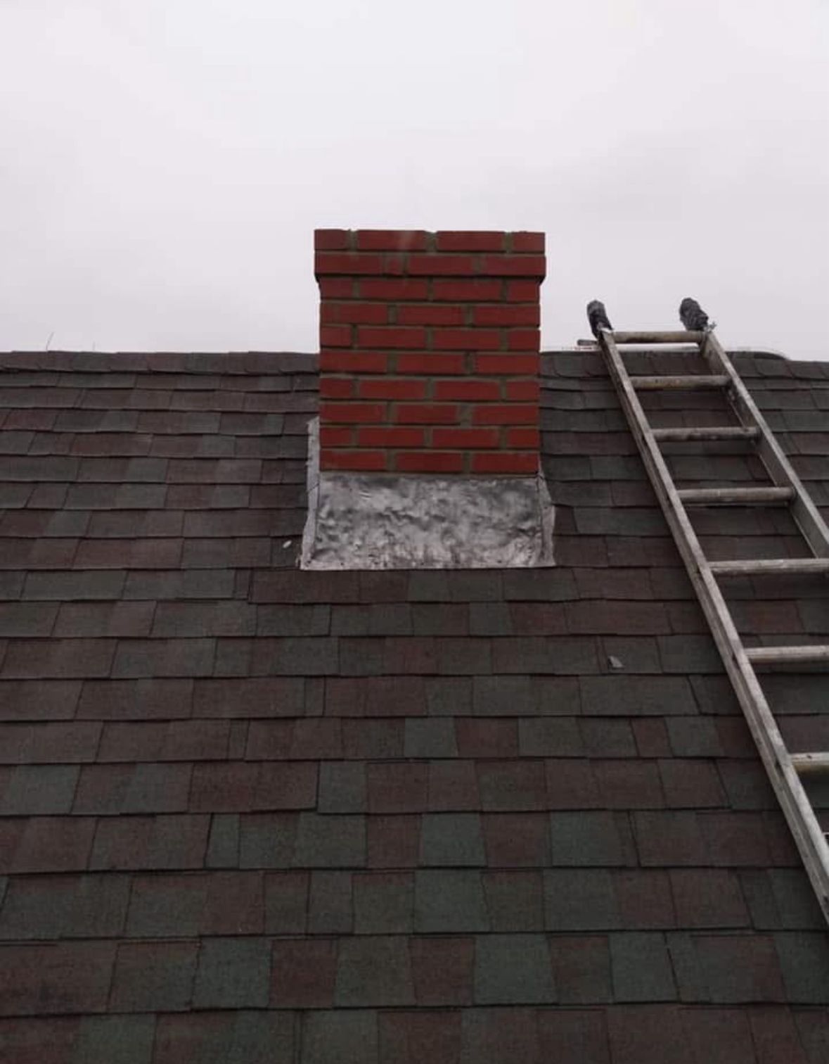 Brick chimney on a shingled roof beside an aluminum ladder under an overcast sky