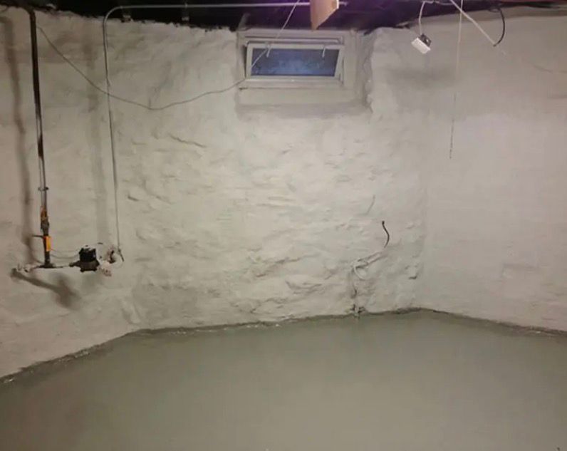 Unfinished basement with rough white walls, concrete floor, and small window near the ceiling.