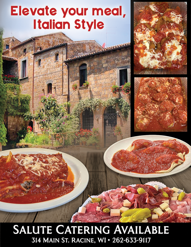 Italian catering ad with brick villa backdrop, pasta dishes, and text: “Elevate your meal, Italian Style”