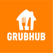 Grubhub logo on orange background with white house, fork, and knife icon.