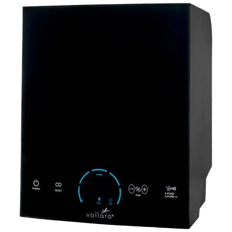 Black air purifier with blue illuminated controls. 