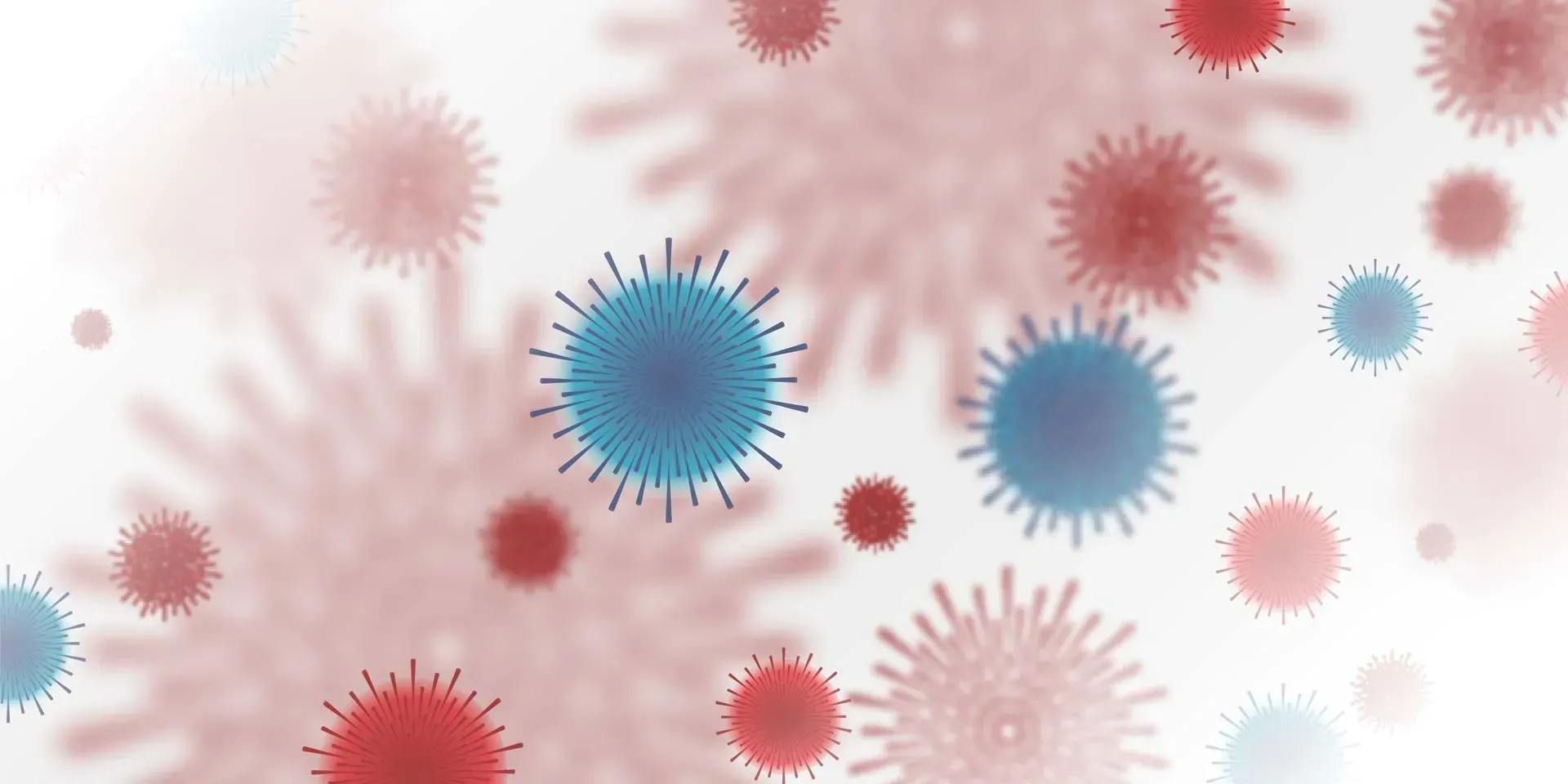 Illustration of microscopic viruses, some red, some blue, against a white and pale red background.