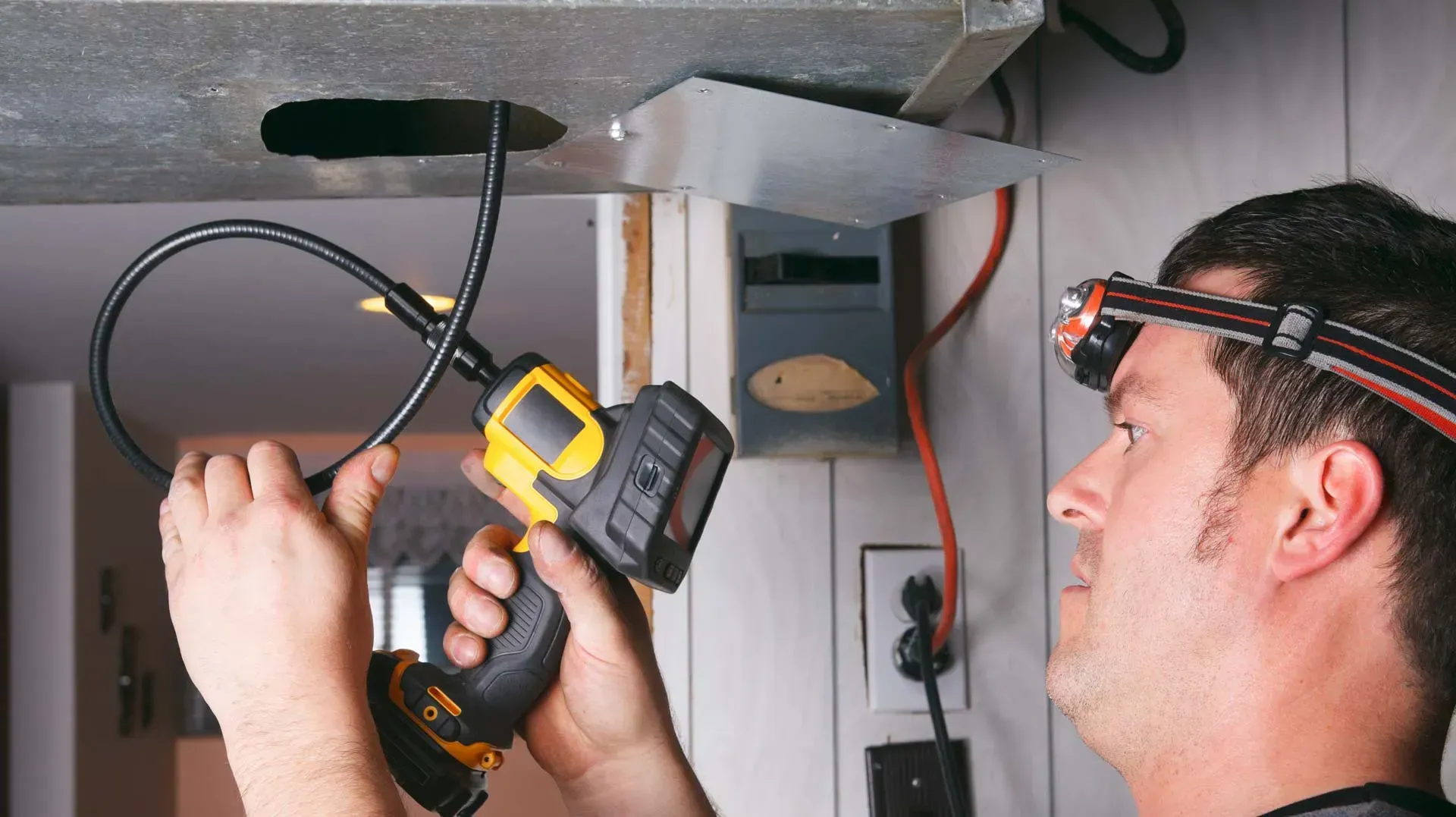 Man inspecting ductwork with a borescope and headlamp.