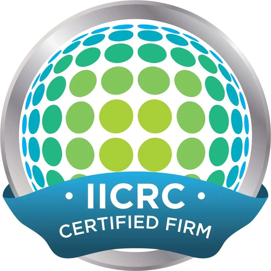 IICRC Certified Firm badge: globe with green/blue dots, blue ribbon with white text. Silver border.