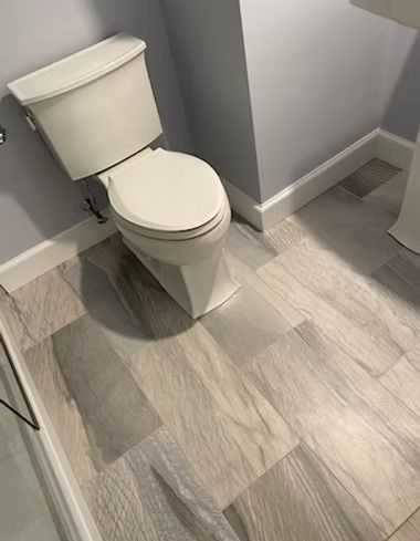 A white toilet in a bathroom with light gray walls and wood-look tile flooring.