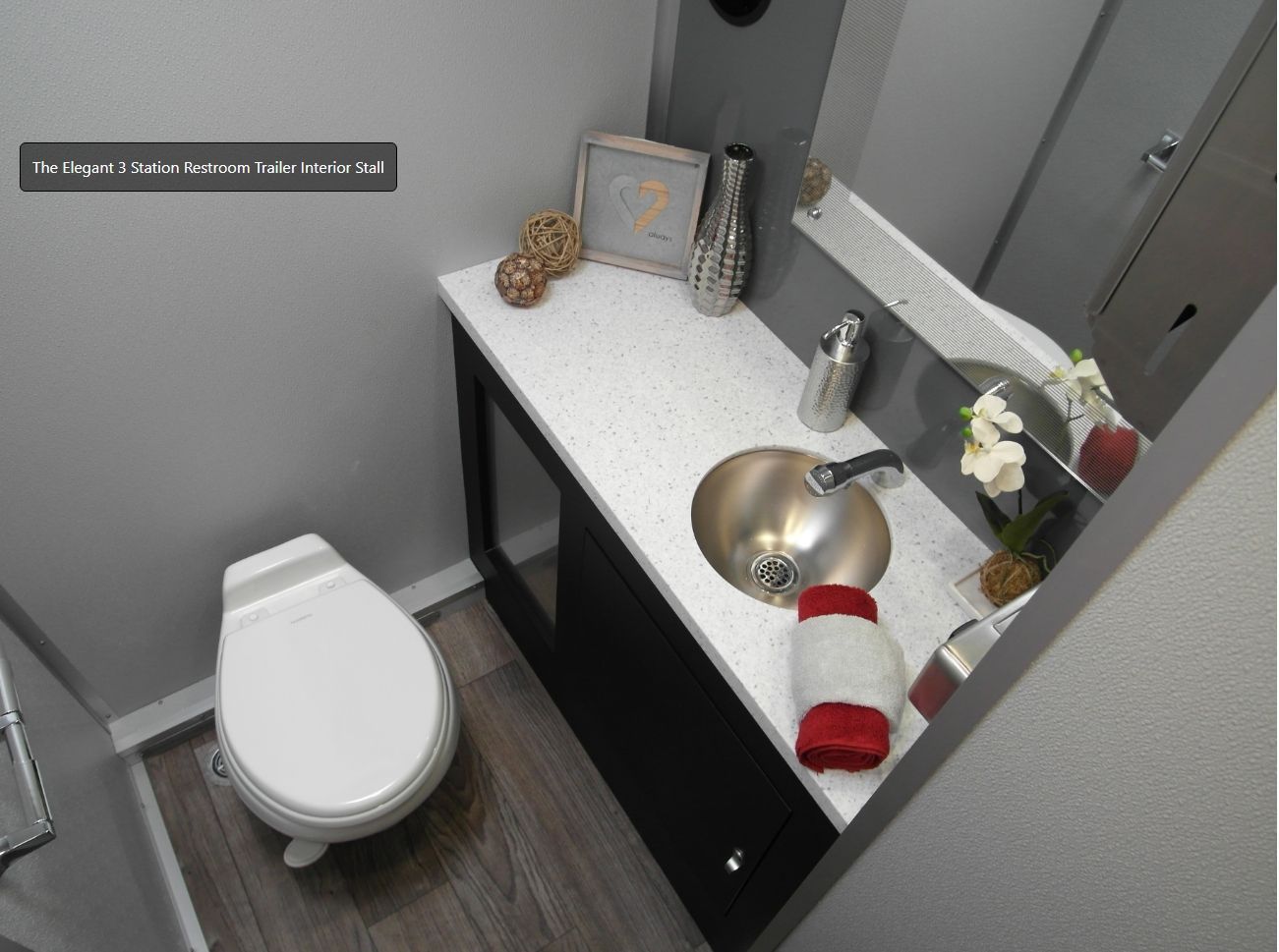 Small bathroom with toilet, sink, mirror, and countertop decor in gray and white.