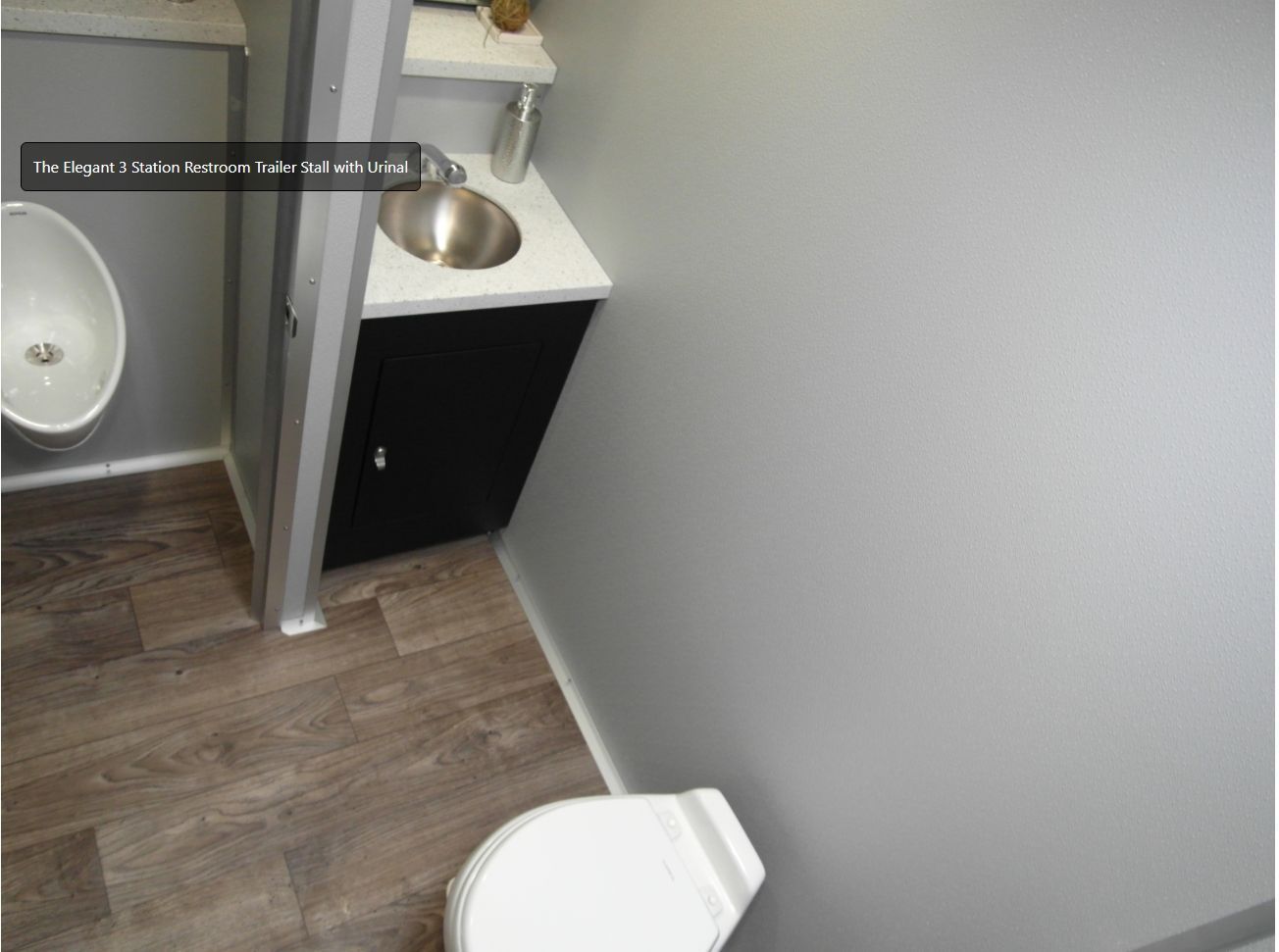 Small bathroom with toilet, sink, and wood-look floor near a gray wall.