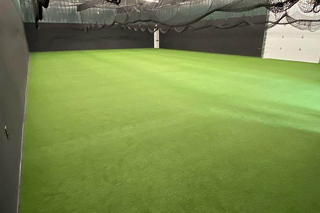 There is a large green field in the middle of the room.