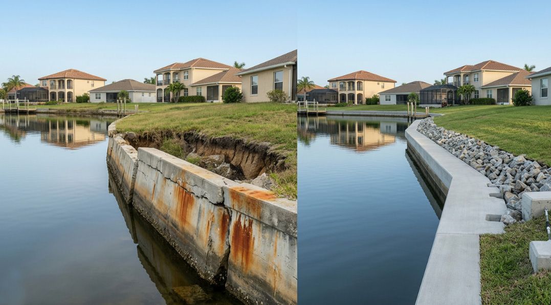 Before-and-after lakeside retaining wall repair beside suburban homes, showing eroded wall and new stone revetment.