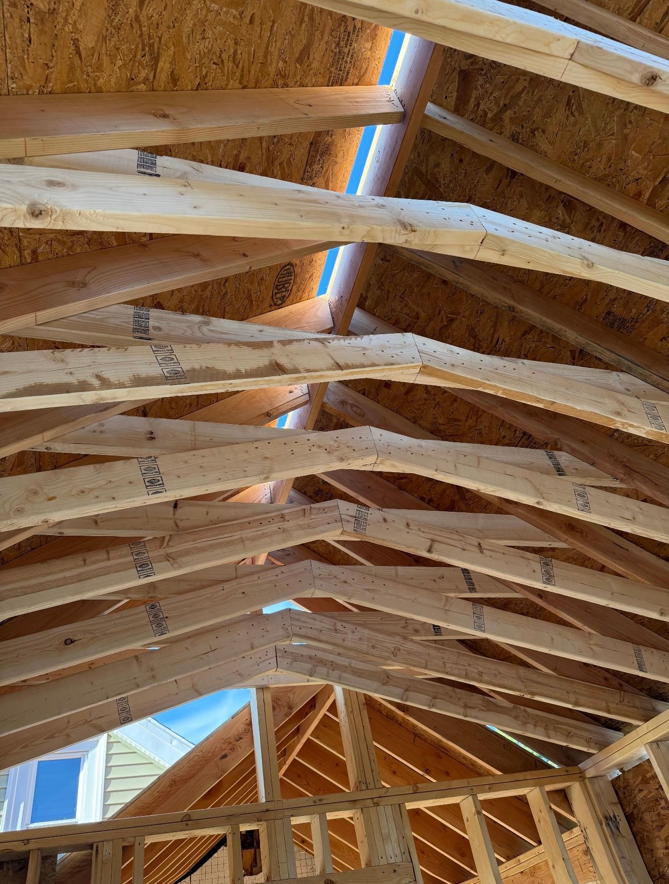 Wooden roof rafters under construction; blue sky visible.