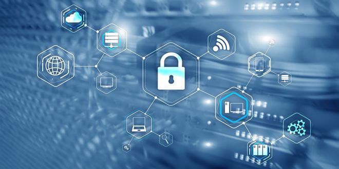 Blue cybersecurity network graphic with a central padlock and connected digital icons