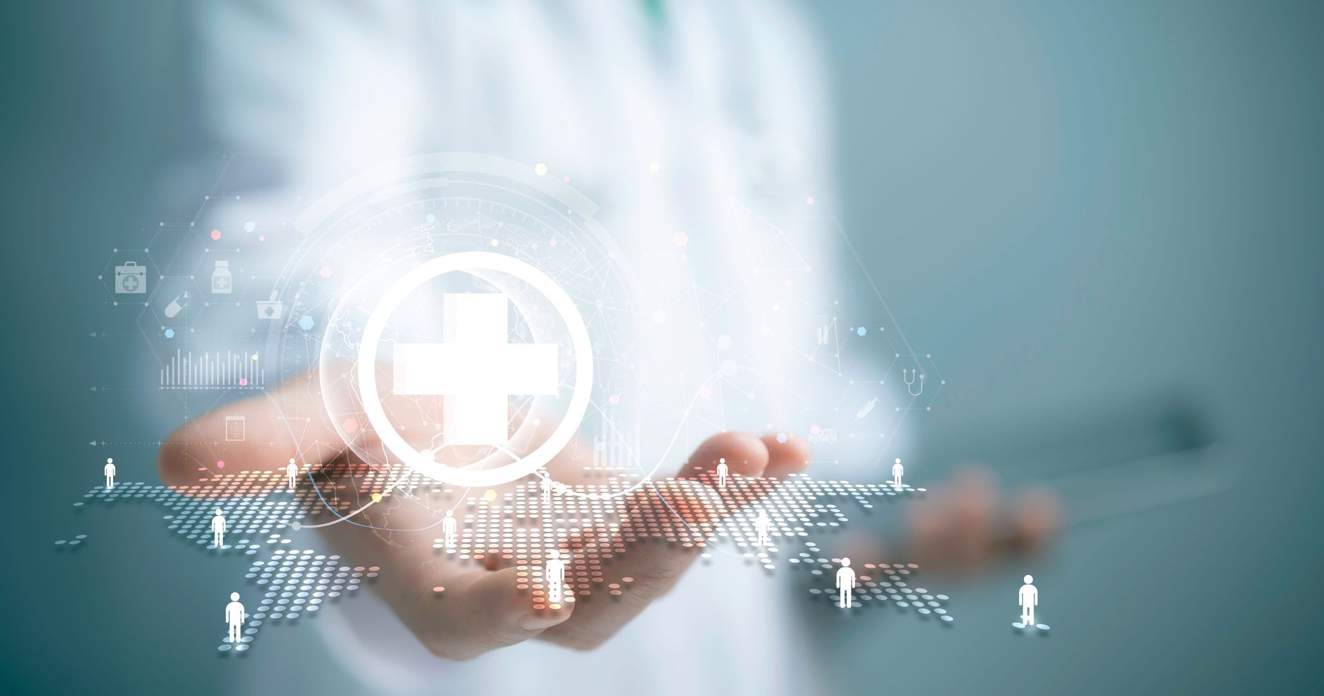 Open hand holding a glowing medical cross icon with digital health symbols overlayed