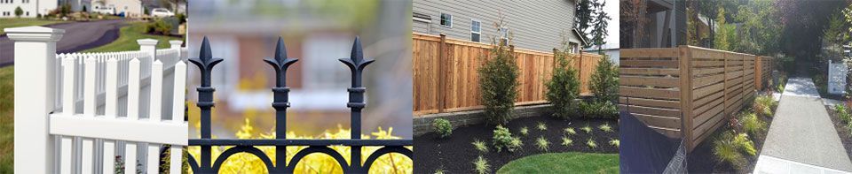 Vinyl fence, Ornamental iron fence, Wood fence