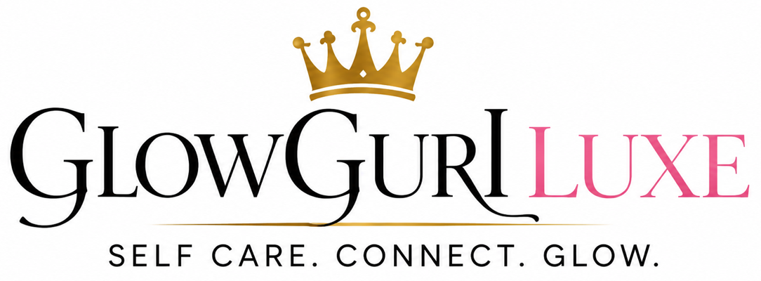GlowGurlLuxe logo with gold crown and black-and-pink text, tagline &ldquo;Self Care. Connect. Glow.&rdquo;
