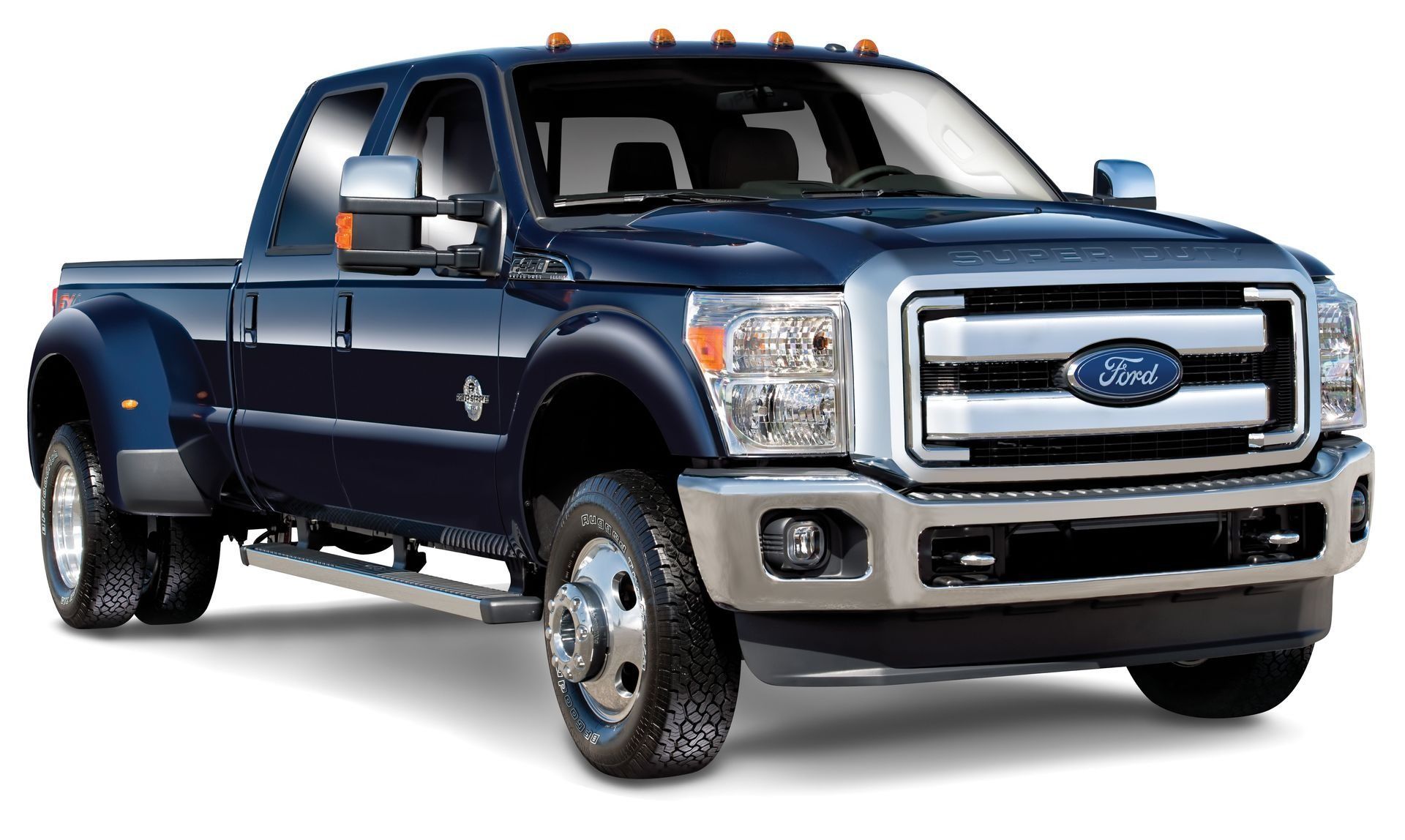 Blue Ford pickup truck on a white background, front three-quarter view