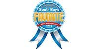 A blue and white ribbon with the words `` south bay 's favorite '' on it.