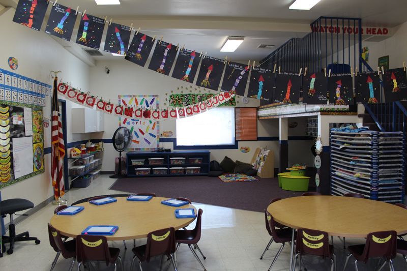 A classroom with tables and chairs and a projector screen