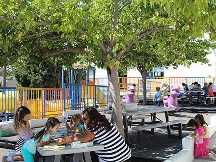 A group of children are sitting at a picnic table under a tree