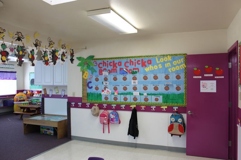 A classroom with a bulletin board that says chicka chicka look who 's in our room
