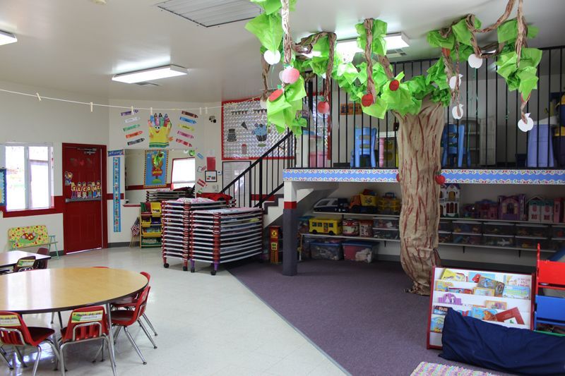 A classroom with tables and chairs and a tree in the middle
