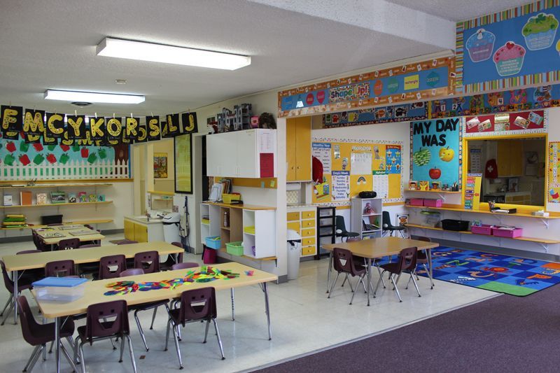 A classroom with tables and chairs and a sign that says my day was