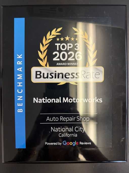 BusinessRate Top 3 2026 award plaque for National Motorworks with blue “Benchmark” strip.