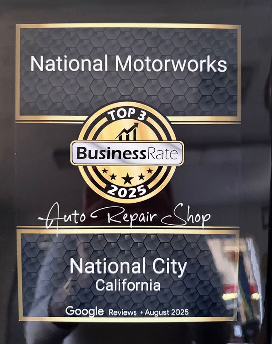 National Motorworks award plaque for top auto repair shop in National City, California.
