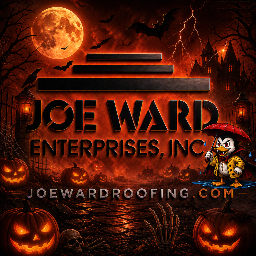 Halloween-themed Joe Ward Roofing graphic featuring a haunted house, full moon, bats, lightning