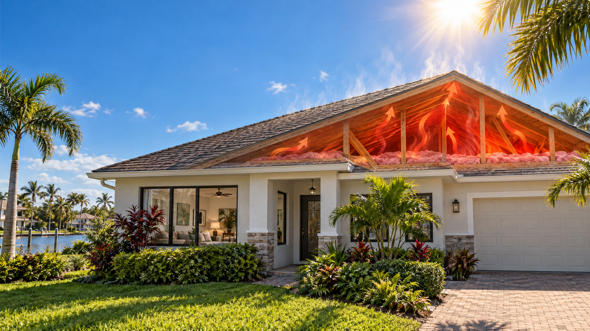 Florida home attic cutaway showing trapped heat beneath shingles and poor roof ventilation