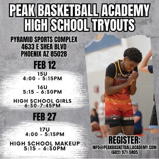 a poster for Peak Basketball Academy high school tryouts