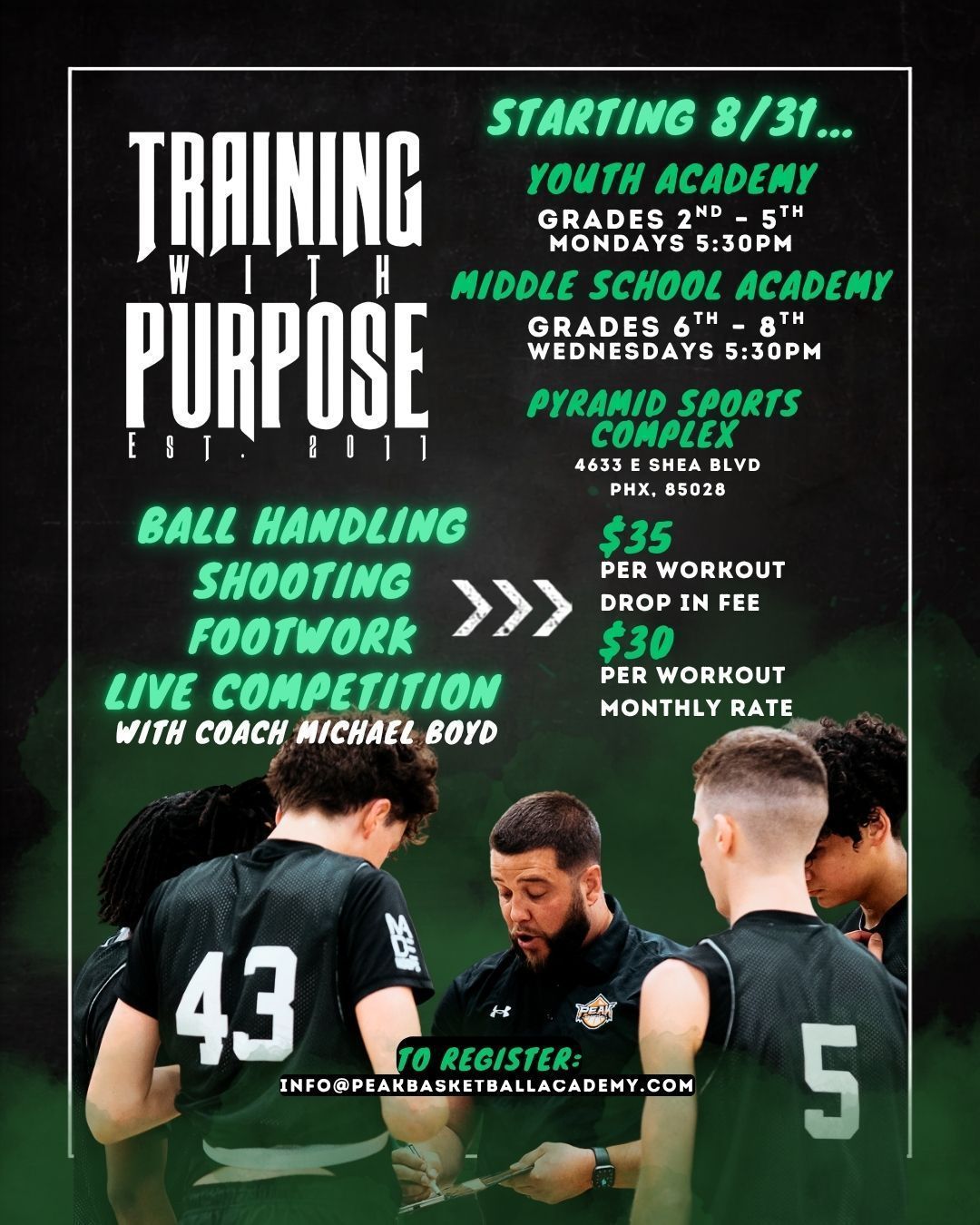 Basketball training flyer with two players in black jerseys and green text listing skills, dates, and pricing.