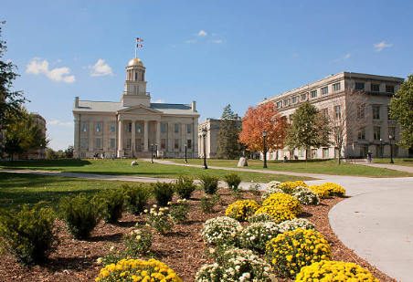 A large building with a clock tower is surrounded by flowers and bushes.