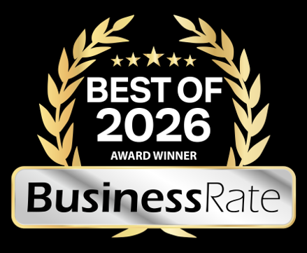 BusinessRate “Best of 2026” award winner emblem with gold laurel wreath and stars on a black background