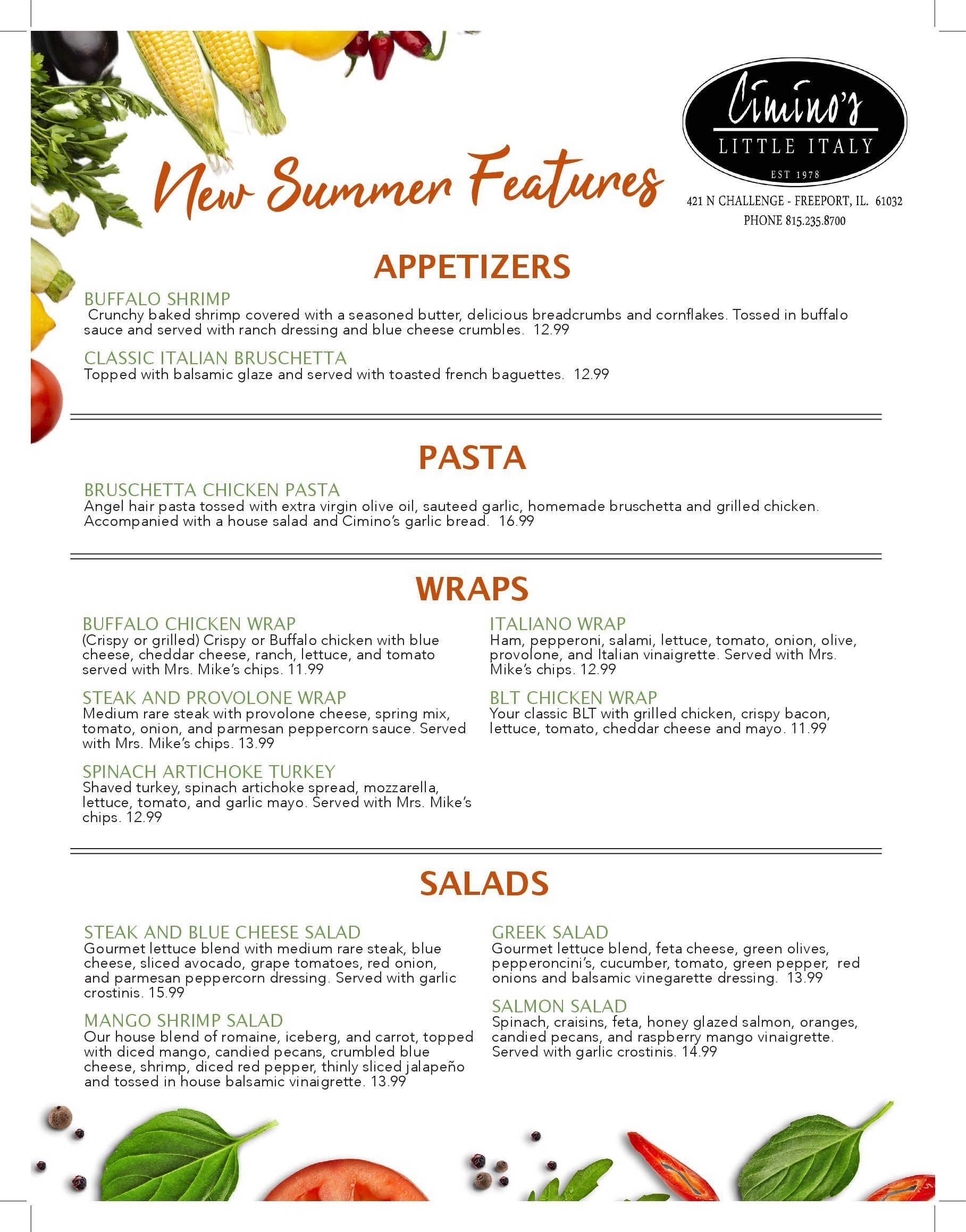 Cimino's Little Italy Main Menu | Freeport, IL