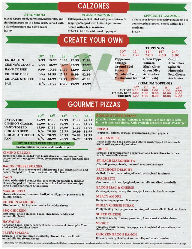 Cimino's Little Italy Main Menu | Freeport, IL