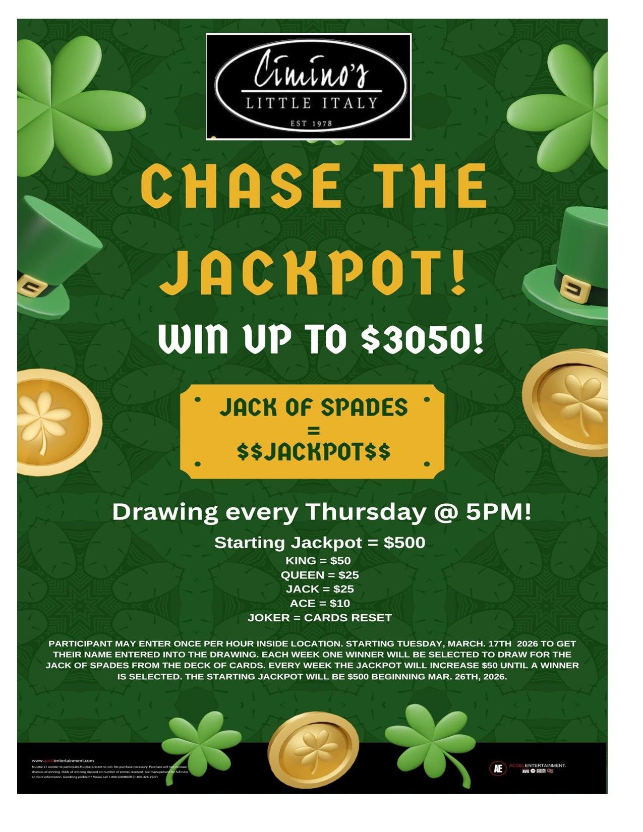 Advertisement for Ciminio's Little Italy Valentine's Day special: a 32oz Tomahawk steak with a side, soup, or salad for $99.