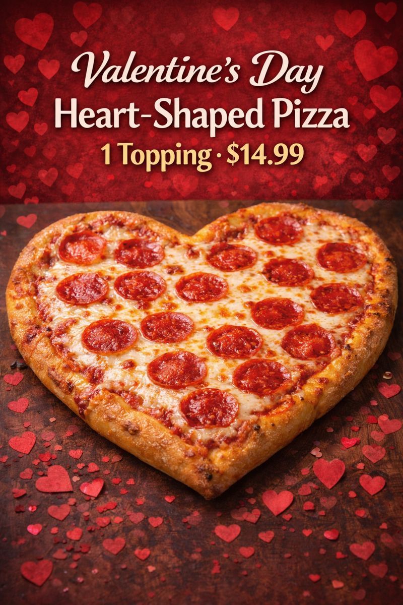 Valentine's Day heart-shaped pizza with pepperoni topping, priced at $14.99 on a red background with hearts.