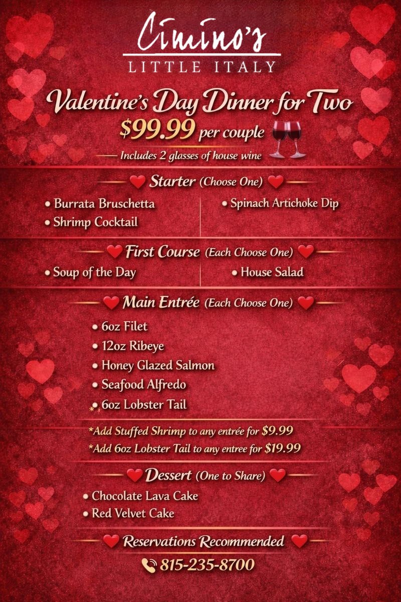 Valentine's Day dinner menu for two at Cimino's Little Italy, with options for starters, courses, and dessert.