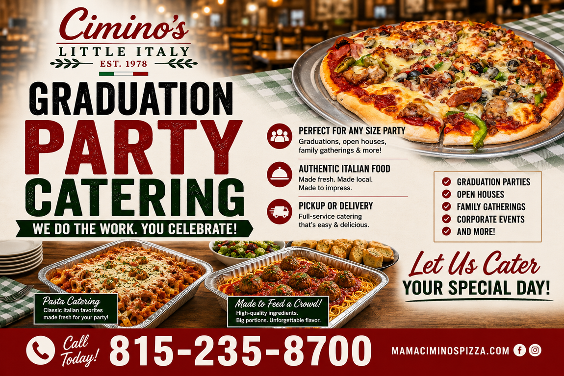 Cimino’s Little Italy graduation party catering ad with pizza and pasta