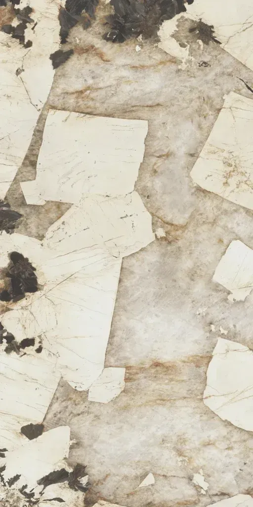 Close-up of a beige, cracked stone or concrete surface with white patches and dark specks.