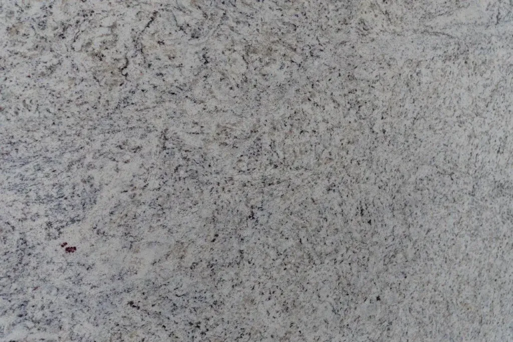 Close-up of a gray speckled stone or granite surface with a small red mark