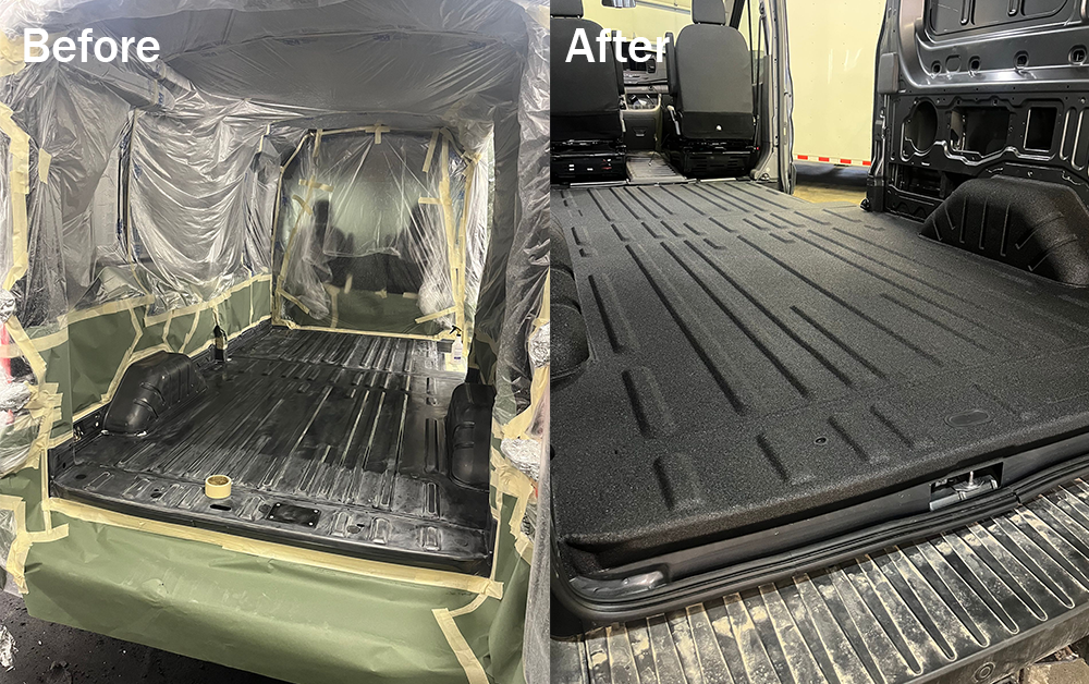 Before-and-after view of a vehicle cargo area being lined with black protective floor mats