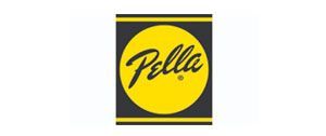 Pella logo: black rectangle with a gold border around a yellow circle with the script word