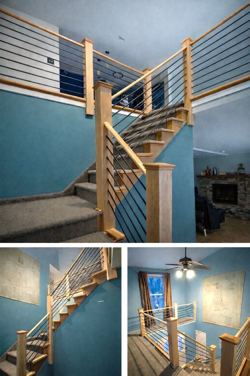 Staircase with wooden posts, metal cable railings, carpeted stairs, and teal wall.