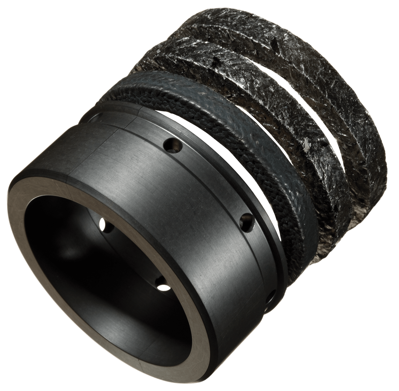 A close up of a black ring with holes in it