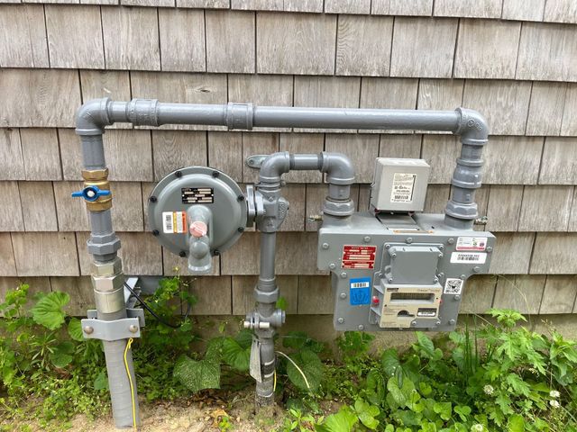Gas meter and utility pipes mounted on a wall above green plants outside a building.