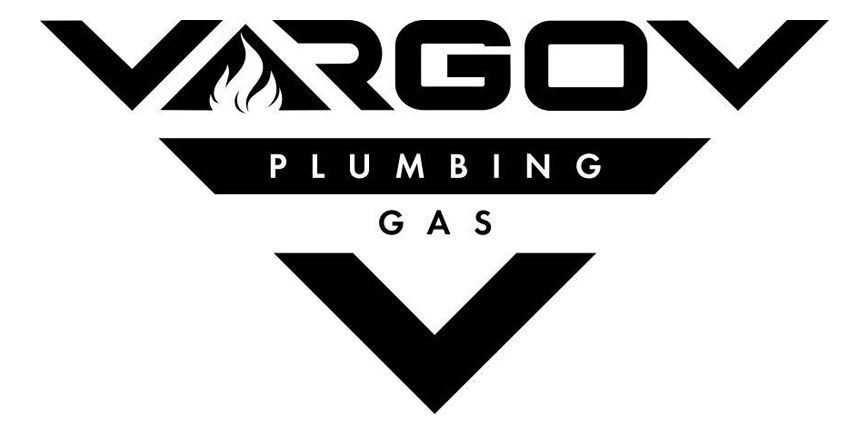 VARGOV Plumbing Gas logo in black and white with a stylized downward triangle